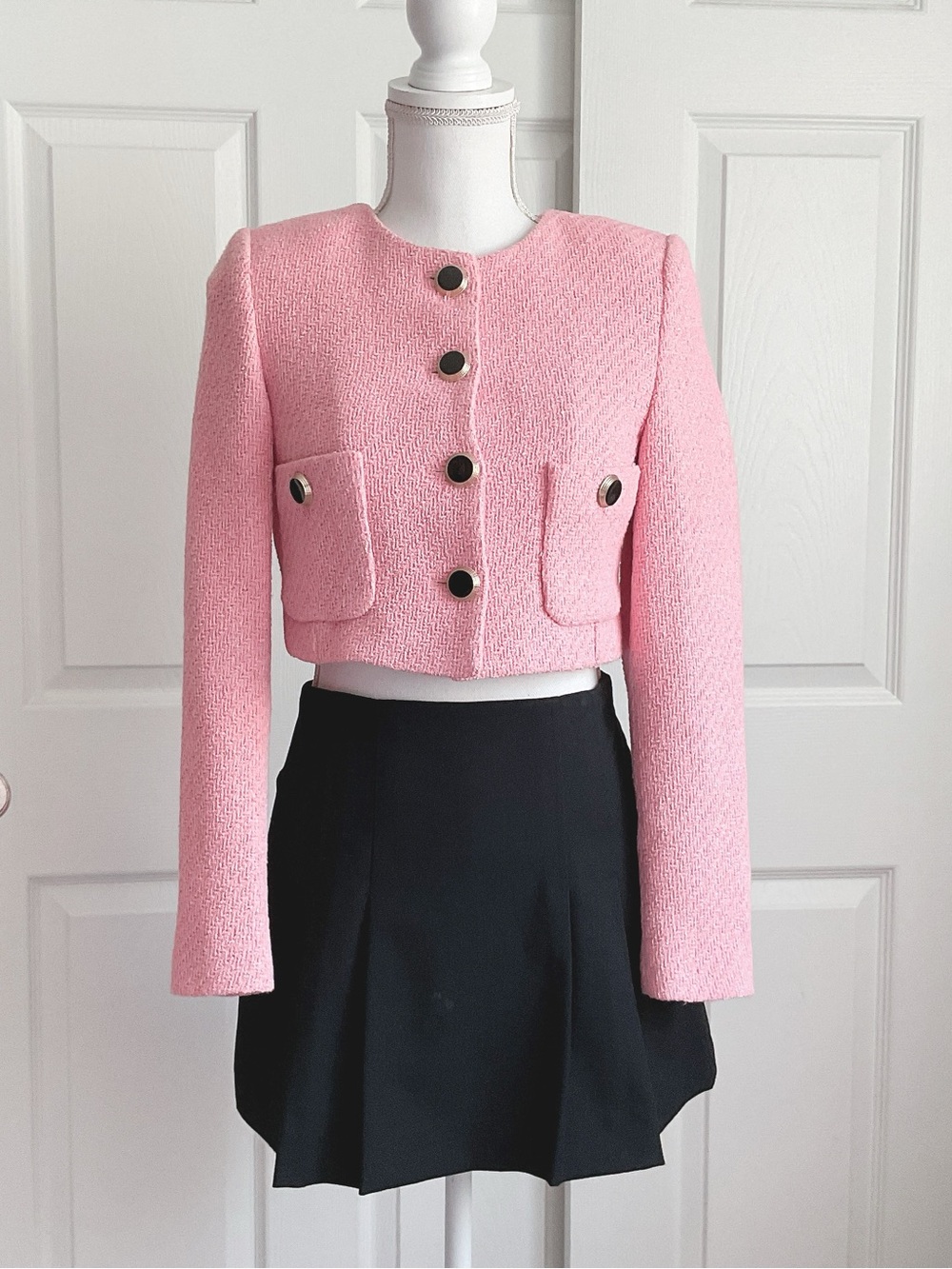 MNG cropped pink tweed jacket with black buttons